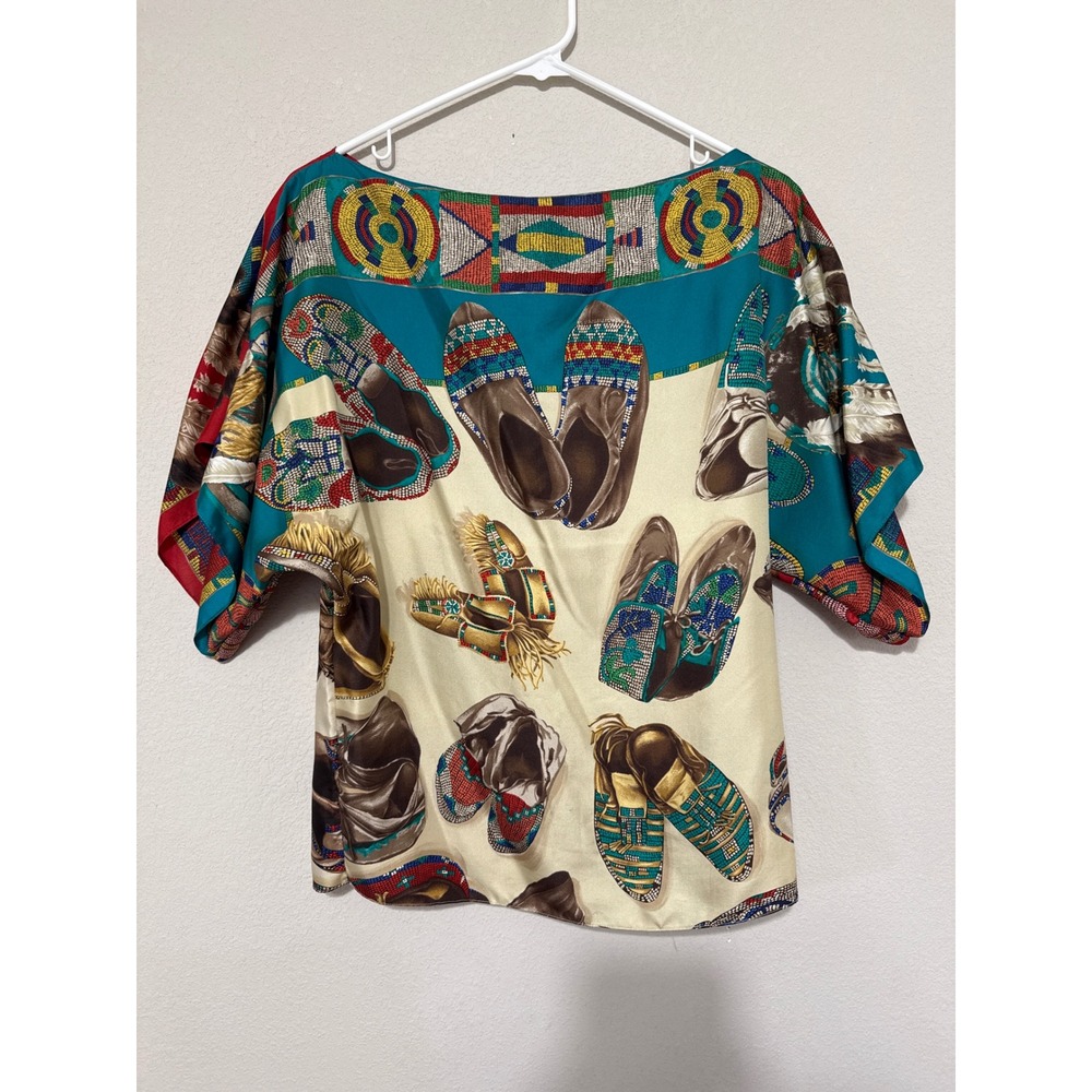 Ralph Lauren Silk Scarf Blouse Top XS Beige Moccasins Native American Luxury